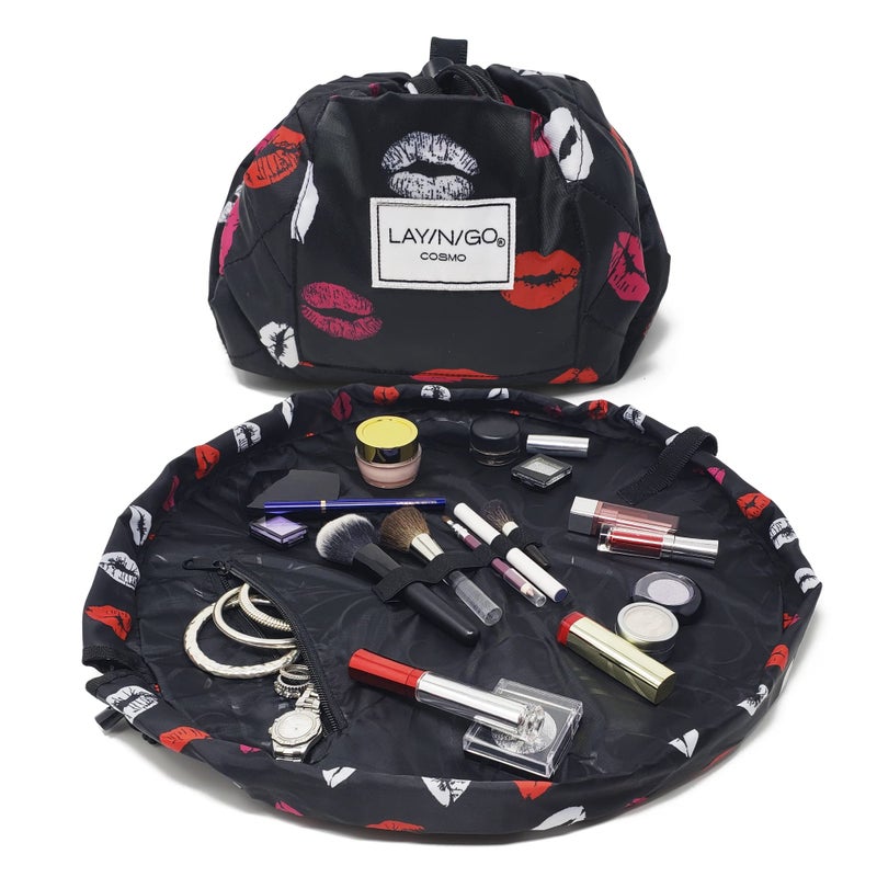 Lay-n-Go Cosmo Drawstring Cosmetic & Makeup Bag Organizer - Portable Drawstring Makeup Bag w/Zipper Pocket  Makeup Loops & More - Durable  Machine Washable Toiletry Bag for Travel (20""  Lips/Black) - Image 1